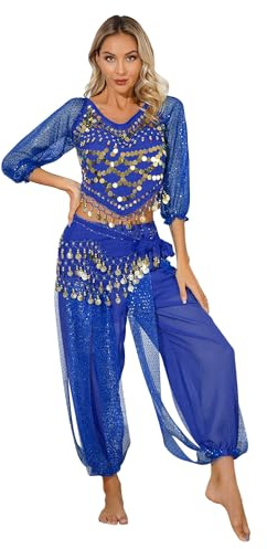 MSemis Damen Bauchtanz Kostüm Set Pailletten Tanzkleidung Indische Tanz Performance-Kleidung Halloween Karneval Tanzende Professionel Kostüm