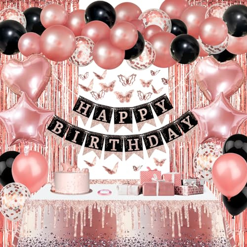 ZERODECO Roségold Schwarz Geburtstag Party Dekorationen, Geschirr Happy Birthday Banner Fringe Vorhang Folie Konfetti Ballons Schmetterling Aufkleber für Frauen Mädchen Geburtstag Prinzessin Party