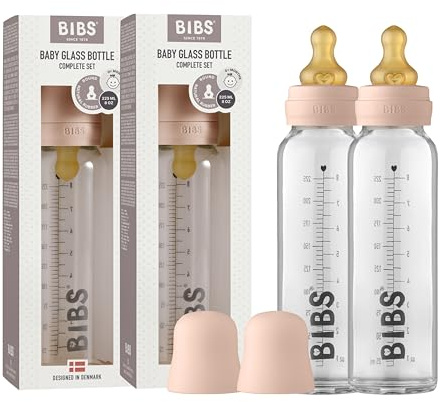 BIBS Baby Glass Bottle. Lot de 2. Anti-colique. Embout rond en latex de caoutchouc naturel. Favorise l’allaitement naturel, Complete Set - 225 ml (Pack of 2), Blush