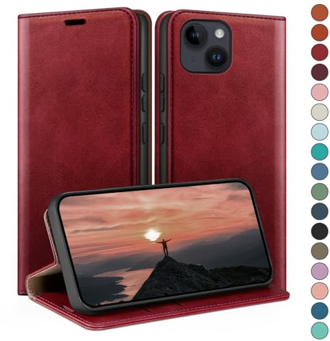 HUOUH for iPhone 13 5G 6,1 Wallet case with RFID Blocking PU Leather,Credit Card Holder,Flip Folio Book Phone cases Shockproof Cover Women Men for Apple 13 case Red