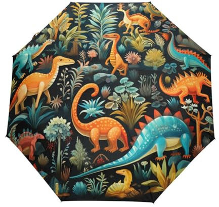 LINNIKEEEE Braune Dinosaurier Schwarze Kunst Regenschirm Auf-Zu Automatik Taschenschirm Winddichter Klein Leicht Kompakt Schirme für Reise Strand Frauen