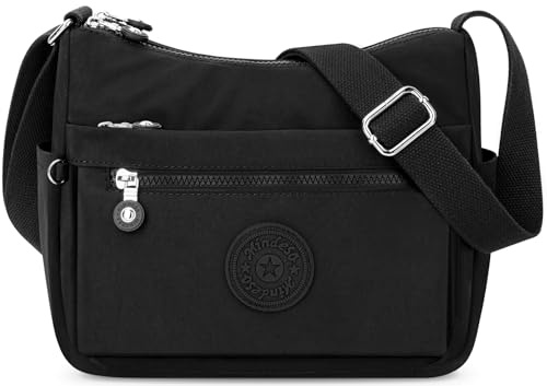 KTUEOV Umhängetasche Damen Mittelgroß, Leicht Schultertasche Damen aus Nylon Wasserdicht Crossbody Bag Verstellbare Breiter Gurt, Tasche mit 10 Vielen Fächern für Einkaufen Reisen Schule-Schwarz