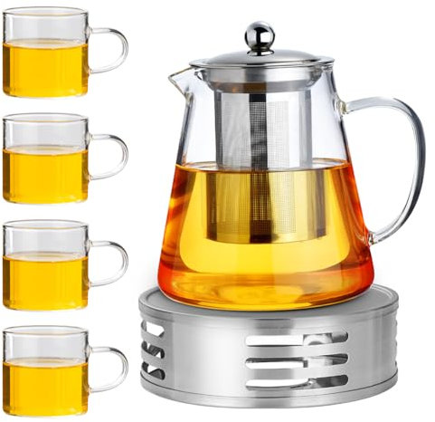 CEWROM Juego de tetera de cristal con filtro y calientaplatos, tetera de vidrio de borosilicato (1,3 L) + 4 tazas de té de 120 ml, tetera para té negro, té verde, té de frutas aromáticas