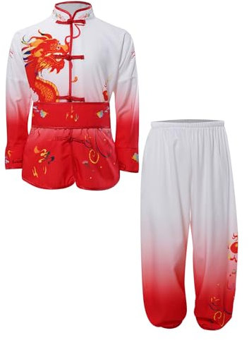 Kaerm Niños Niñas Niños Tradicional Chino Kung Fu Tai Chi Uniforme Manga Larga Top Con Pantalones Clásico Estilo Tang Artes Marciales Competición Chándal, rojo, 170