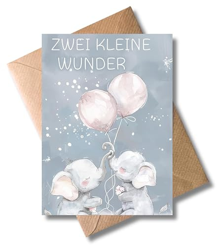 Glückwunschkarte zur Geburt von Zwillingen - Geschenkarte mit Umschlag Zwei kleine Wunder Zwillingsmädchen Babybarty Geburtsglückwunsch Babyglückwünsche Elefanten mit Lufballons Aquarell (DIN A6)