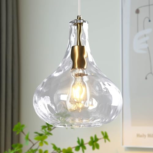 ZYBWL Klares Glas Pendelleuchte 1 Flammig Gold Metallin Hängeleuchte Küche Hängelampe Höhenverstellbar Einfache Modern Kronleuchter für Schlafzimmer Esstisch Esszimmer, E27 Fassung, Ø 24 cm