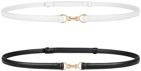 JasGood 2 stycken dam tunn midja bälte mager konstläder bälte med justerbart guldspänne för klänningar jeans, Svart + vit (guldspänne), 105 cm