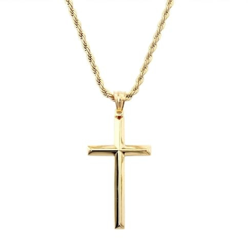 Lifetime Bling 24K Gold Chain Cross Pendant Necklace for Men, Women 3MM Rope Cuban Curb Chain w/real strong Solid Clasp gift for husband, wife Religious Beveled Edges