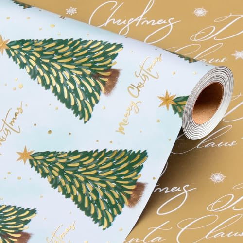 Wikadlik Weihnachts-Geschenkpapierrolle – grüner Weihnachtsbaum und Schriftzug-Folie, Metallic-Design, Geschenkpapier – 43 cm x 10 m