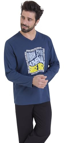 Athena - Pigiama Lungo da Uomo, Ecopack- Jersey 100% Cotone Traspirante - Maglietta a Maniche Lunghe + Pantaloni - Etichetta Oeko-Tex® Standard 100, Marina/Nero, XXL