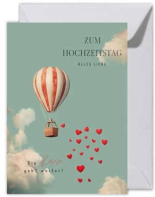 WBdesignz XXL Jahrestag Hochzeit Karte mit Umschlag - Karte Hochzeitstag Zum Hochzeitstag Alles Liebe - Ehe, Reise - Heißluftballon Herzen & Wolken - Glückwunschkarte Liebe Jubiläum (XXL DIN A4)