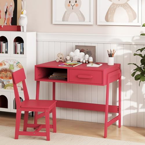 DREAMADE Bureau Enfant avec Chaise Ergonomique, Table Enfant et Chaise en Bois de Pin avec Compartiment Ouverte, Tiroir, Table d'Activités Garçons Filles 3+ Ans pour Apprendre, Écrire (Rose)
