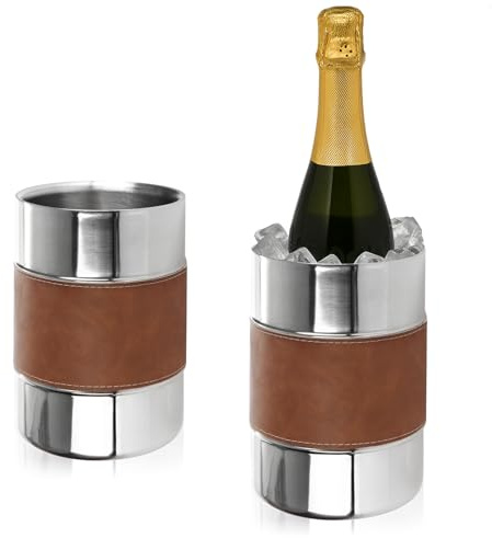 com-four® 2x Sektkühler mit Kunstleder-Band, Flaschenkühler für Sekt | Eiswürfelkübel aus Edelstahl - doppelwandiger Eiswürfeleimer mit 10 cm Innendurchmesser
