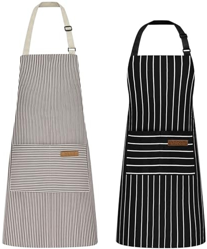 Hwtcjx 2 Pezzi Grembiule da Cucina Chef, Grembiule da Ristorante BBQ Bar, Regolabile Grembiuli con Tasche Chef di Cucina, Anti-fouling Gembiule Cucina Uomo Donna (Nero, Marrone)