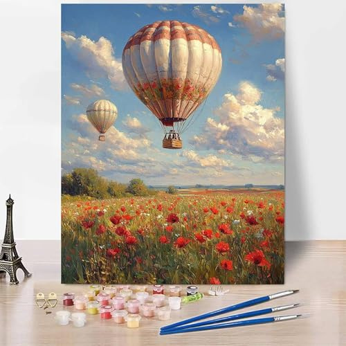 Landscape Paint by Numbers for Adults, DIY Paint by Numbers Hot Air Balloon, Canvas Oil Painting Kit with 3 Paintbrushes, Acrylic Pigment Drawing Paintwork, Gifts 8x12 inch Without Frame -XY20M