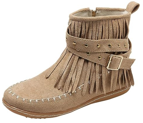 Generisch Botines casuales para mujer, estilo liso, con flecos, cómodos, planos, cilíndricos medios, redondos, tallas grandes, botines occidentales