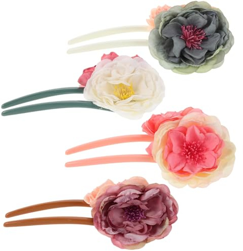 Mobestech 4 Pièces Épingles à Cheveux Fleur Vintage Forme de Rose Pinces Chinoises U Tissu pour Chignon Long Accessoires Traditionnels pour Femmes et Filles