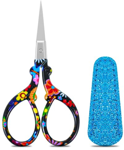 Crochet Scissors, Vintage Small Sewing Embroidery Scissors Sharp Crafting Threading with Leather Cover, Stainless Steel Black Flower Design Shears for Craft Art Work Manual Sewing Handicraft DIY Tool