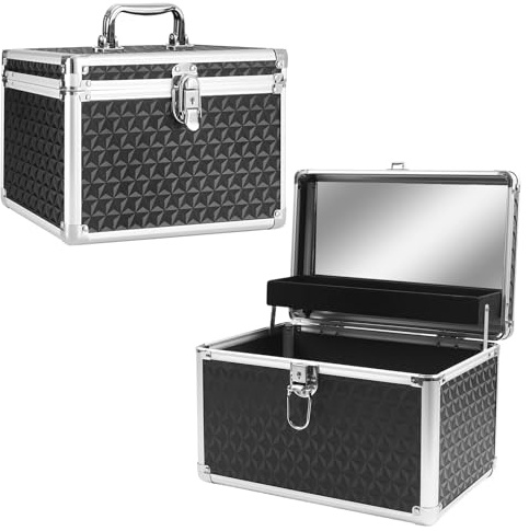 Gemsaya Mallette de maquillage vide verrouillable avec miroir et clé, noire, petite valise cosmétique, Noir , 30 x 20 x 20 cm, Classique