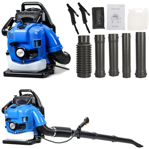 Zainetto soffiatore a benzina, motore a 2 tempi di raffreddamento ad aria, soffiatore per foglie, gonfiatore per foglie, sabbia, ghiaia per giardino esterno (blu-75,6CC)