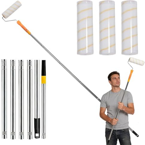 9 Inch Paint Roller Kit with 6 Sections Extension Pole, Paint Roller Brush Set with 1.8m Stainless Steel Pole and 4pcs Roller Covers Multi-Function Long Paint Roller for Painting Wall Ceiling