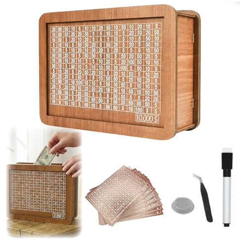 Cash Vault Wooden Savings Box, 2026 New Money Saving Box Wooden Cash Saver Money Box, 10k Savings Challenge Box Wooden Retro Money Storage Box with Money Target and Numbers (Light Brown)