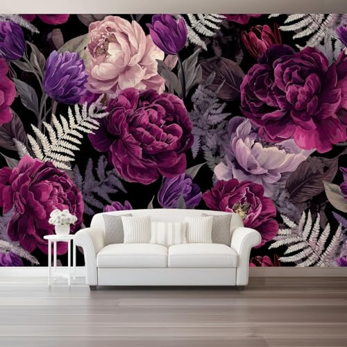 Carta da parati murale 200 x 140(WxH) – Carta da parati fotografica in tessuto non tessuto con Acquerello Piante Fiori per soggiorno, camera da letto e corridoio, decorazione murale in Viola