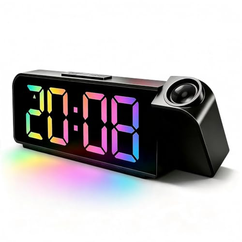 Songlypian Sveglia Digitale LED con Proiettore 180°, Orologio Elettronico RGB con Temperatura e Data, Display Grande a Luminosità Regolabile, USB e Alimentato a Batteria per Camera Ufficio