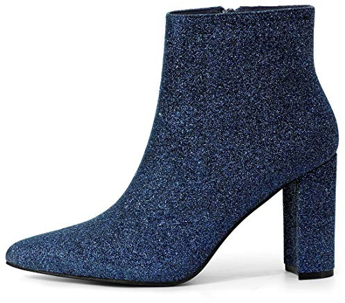 Allegra K Stivaletti da donna con tacco grosso a punta glitterata, blu navy, 38 EU