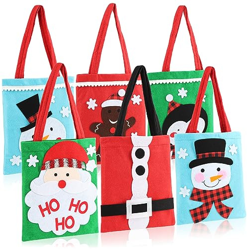 com-four® 6x Geschenkbeutel für Weihnachten, Geschenktasche für Nikolaus | Geschenktüte mit Henkeln - Filzbeutel mit Weihnachtsmotiven 24 x 20 cm