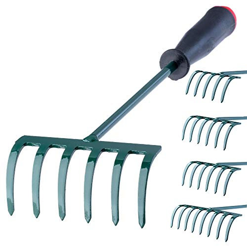 KADAX, Rastrello Piccolo con Manico, Scopa in Metallo, Per Giardino, Aiuole, Prato, Attrezzi da Giardino, Rastrello da Giardino (30 cm, 6 Denti)