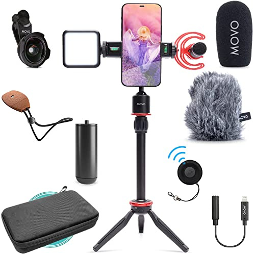 Movo iVlog1 Kit de vlogging pour iPhone – Kit de démarrage Youtube Compatible avec Lightning – avec Microphone Fusil de Chasse, Mini trépied, lumière LED, Objectif Grand Angle, Adaptateur Lightning –