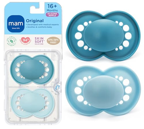 MAM Original Baby Pacifier 16+ Mths, Skin Soft Silicone Nipple, 2 Pack