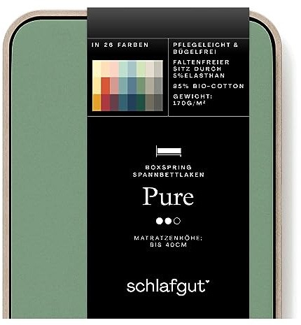 Schlafgut Pure Boxspring Spannbettlaken 140x200cm bis 160x220cm, Green Mid, Spannbetttuch aus weicher Biobaumwolle | Bettlaken, Spannbetttuch 160x200, 160x220 cm, Grün, Boxspringbett, bis 40 cm Steg, Bio Baumwolle Elasthan, Made in Green