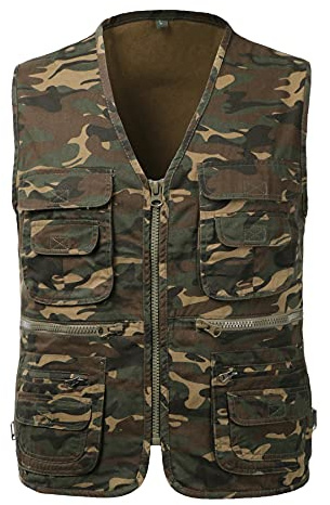 KTWOLEN Hombres Chaleco de Pesca de Algodón con Multibolsillos Aire Libre Casual Respirable Chaleco para Cámping Fotografía Caza Senderismo Viajes, Camuflaje, XXL