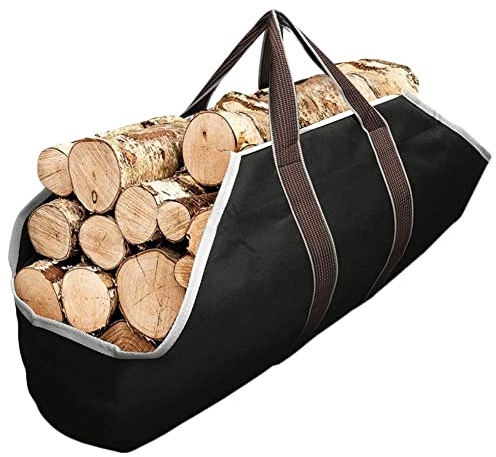 DAIHAN Grand Sac à Bûche Cheminée Sac de rangement pour le bois de chauffage Grande capacité Porte-Bûches de plein air Porte-Bûches en bois ciré Sac de transport en bois Noir