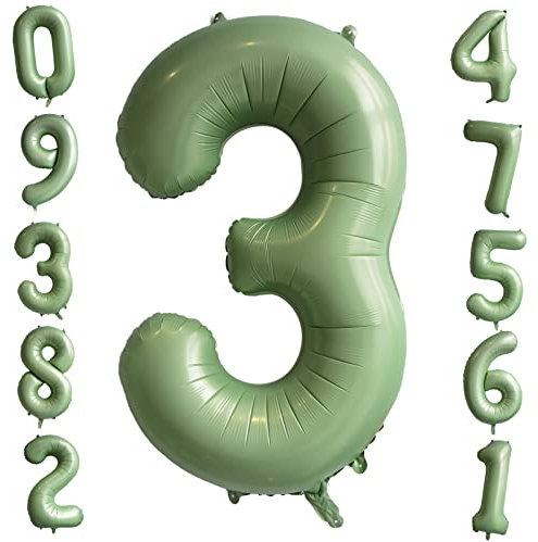 Globo Verde Salvia Número 3, 40 Pulgadas Verde Oliva Helio Número de Globos, Globos de Cumpleaños Decoración de Fiesta Para Aniversario Graduación Decoraciones de Fiesta con Temática Forestal