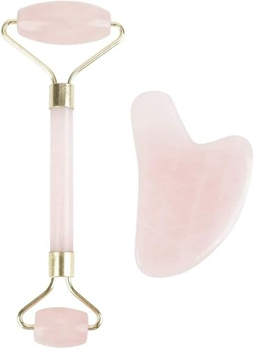 DUUDAH Massageroller, Massagestab, Massagewerkzeug, Jaderoller – Doppelkopf-Rosenquarz-Kristallroller Schabeplatten-Werkzeugsatz for Gesichtsmassage