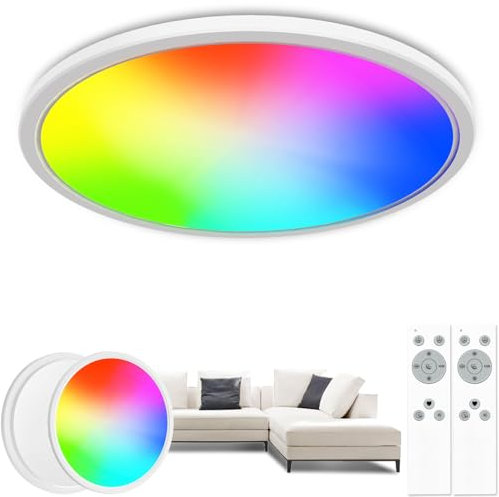 zemty 2 Stück LED Deckenleuchte Dimmbar mit Fernbedienung,24W 3200 LM RGB 4000K Flach Rund deckenlampe Farbwechsel für Wohnzimmer Schlafzimmer Kinderzimmer Balkon Küche Keller Bad Weiß