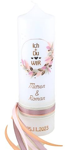 Cerziies® Hochzeitskerze Maren und Roman mit Namen und Datum, individuell und handverziert 2195, Kerzengröße :ca. 25x7