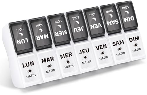 Opret Pilulier Semainier 7 Jours Matin et Soir 14 Compartiments, Amovibles | Petit Pilulier de Poche, Compacte, Pilulier Voyage, 7 Jours 2 Fois, pour Vitamines Suppléments Pilules, Noir Blanc