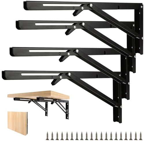 MUXHEL 4PCS Folding Shelf Brackets 16 inch/400mm Heavy Duty Shelf Brackets Black Folding Shelf Heavy Duty Wall Brackets Folding Table Bracket for Home Kitchen Folding Table, Max Load 70KG/Pair