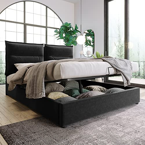 Bett 140x200 Mit Stauraum, Hydraulisch Polsterbett Doppelbett Stauraumbett Schlafzimmerbett Mit Lattenrost aus Metallrahmen Und Verstellbares Kopfteil Bett, Samt Bettgestell, Schwarz, Ohne Matratze