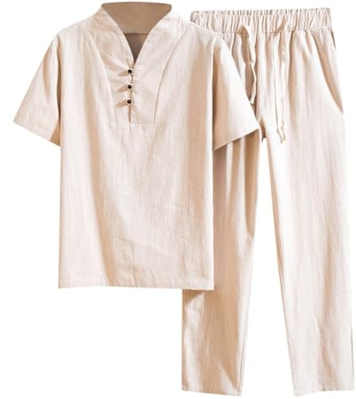 RUMAOZIA Ropa de algodón Zen Meditación Tai Chi Uniforme Hombres Artes Marciales Conjunto Tang Traje Pantalones de manga corta, ropa tradicional china Kung Fu Ropa Transpirable Tops, caqui, XL