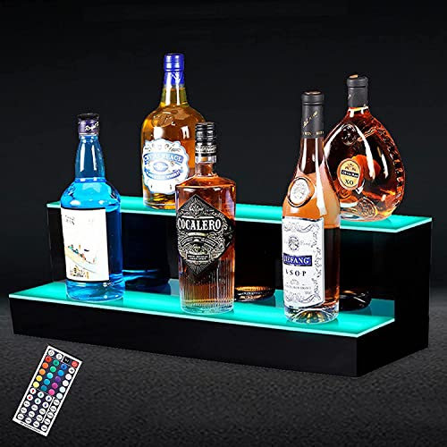 Weinregal 2-stufiges beleuchtetes Flaschenregal LED-beleuchtetes Spirituosenflaschen-Präsentationsregal LED-Weinflaschenhalter Ständer für die Hausbar (Größe: 50 x 21 x 17 cm)