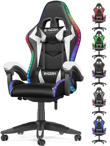 Bigzzia Gaming Chair with RGB Computer Chair with Light Reclining PU Leather Video Game Chair with Headrest Adjustable Lumbar Support (With RGB led, Black/White)