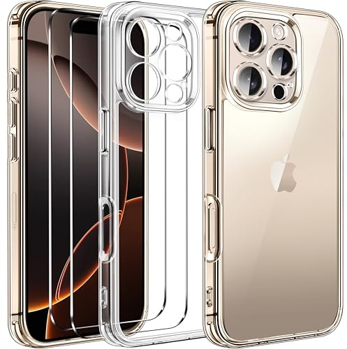 ivoler Clear Case Compatible with iPhone 16 Pro Max 6.9 inch, 1 Phone Case + 2 Tempered Glass Screen Protector, Non-Yellowing Military Shockproof Anti-Scratch Slim Phone Case Cover- Clear | with 2 Pack Screen Protector Tempered Glass, Military Shockproof Protective Hard Back Slim Bumper Phone Cover