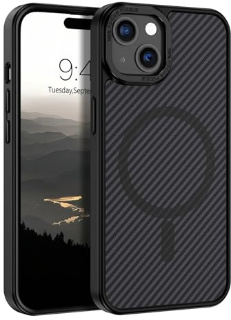 GUAGUA Custodia per iPhone 15 [compatibile con MagSafe] Magnetica Custodia per iPhone 15 Case Carbon Fiber Design antiurto TPU e PC rigido Slim Magnetic Cover (6,1'') Nero