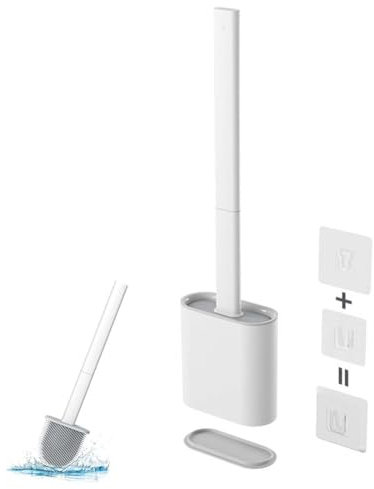 copino WC Silicone, Scopino Bagno Wc con Vaschetta di Raccolta, Rimovibile Set Scopettino Bagno a Manico Lungo, Scopino WC da Bagno Montato a Parete/in Piedi, Bianco