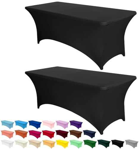 AMFUN 2PCS 6FT Manteles Rectangulares, Negro manteles de Elastano Elástico (183cmx76cm), Mantele Elásticos, para Cocina, Mesa Rectangular Ajustable para Fiestas, Banquetes, Bodas